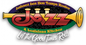 Jazz - A Louisiana Kitchen Logo featuring a stylized trumpet with "Jazz" text, "Laissez Les Bon Temps Rouler" and "A Louisiana Kitchen" phrases, and "Let The Good Times Roll!" in curved text. Kansas City, Columbia