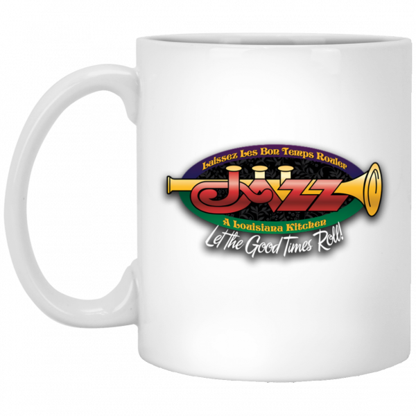 Jazz - A Louisiana Kitchen White mug with a colorful design featuring a trumpet spelling "jazz" and the words "Laissez Les Bon Temps Rouler" and "Let the Good Times Roll!" below. Kansas City, Columbia