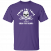 Jazz - A Louisiana Kitchen Purple t-shirt with white skull graphic and text: "Pinch the tails, suck da heads" above and below the design. Kansas City, Columbia