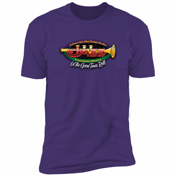 Jazz - A Louisiana Kitchen Purple t-shirt with a colorful trumpet design and text: "Jazz - A Louisiana Kitchen - Let the Good Times Roll. Kansas City, Columbia