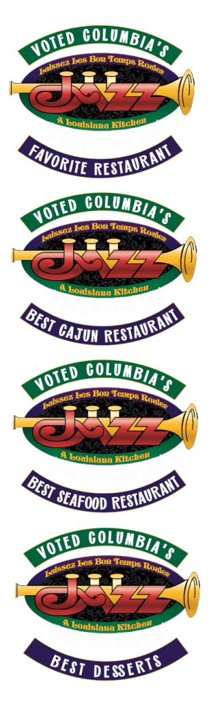 Cajun, New Orleans Colorful text logo for "Laissez Les Bon Temps Rouler," J.R.'s Louisiana Kitchen, highlighting awards: Favorite Restaurant, Best Cajun, Best Seafood, Best Desserts. Restaurants