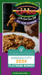 Jazz - A Louisiana Kitchen Restaurant advertisement for Jazz Louisiana Kitchen, featuring a plate of pasta. Awarded Kansas City 2024 Platinum Winner, Best Cajun Restaurant. Includes "Eat New Orleans Style." slogan. Kansas City, Columbia