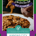 Jazz - A Louisiana Kitchen Plate of spaghetti with hands holding a fork, featuring a restaurant award banner for best in Kansas City, titled "Jazz, A Louisiana Kitchen," with a 2024 Platinum Winner badge. Kansas City, Columbia