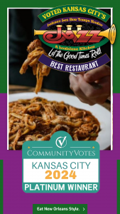 Jazz - A Louisiana Kitchen Plate of spaghetti with hands holding a fork, featuring a restaurant award banner for best in Kansas City, titled "Jazz, A Louisiana Kitchen," with a 2024 Platinum Winner badge. Kansas City, Columbia