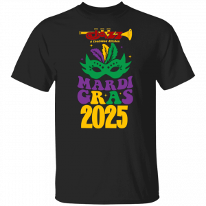 Jazz - A Louisiana Kitchen Black T-shirt featuring a trumpet, feathers, mask, and text: "Jazz Louisiana Kitchen Mardi Gras 2025. Kansas City, Columbia, cajun food restaurant near me