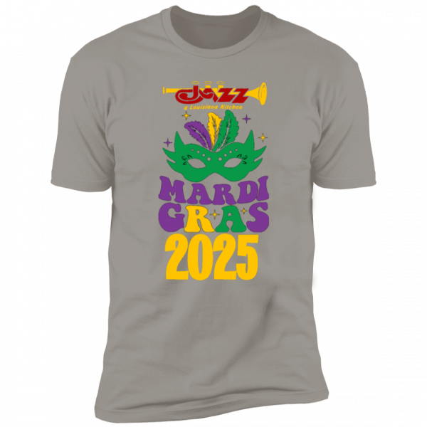 Jazz - A Louisiana Kitchen Gray t-shirt with a colorful design featuring a green, purple, and gold Mardi Gras mask, "Mardi Gras 2025" text, and a trumpet with "Jazz" above. Kansas City, Columbia, cajun food restaurant near me