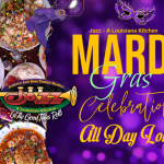 Jazz - A Louisiana Kitchen Purple poster for Jazz, a Louisiana kitchen, promoting an all-day Mardi Gras celebration with images of food and festive decorations. Kansas City, Columbia, cajun food restaurant near me